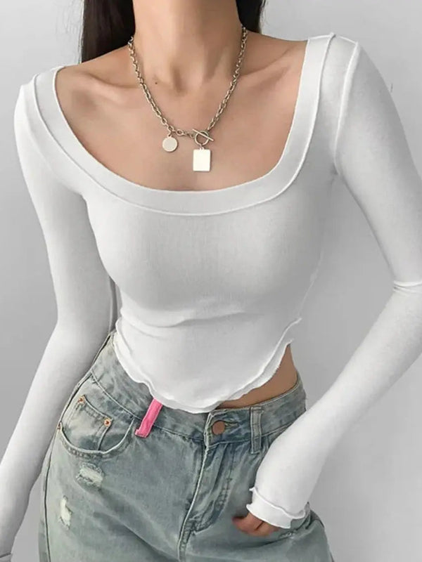 Istyle Can White Women’s U-Neck Long Sleeve Slim Fit Crop Top My Store