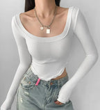 Istyle Can White Women’s U-Neck Long Sleeve Slim Fit Crop Top My Store