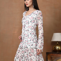 Women's Floral Mesh Mini Dress - Long Sleeve V-Neck Slim Fit