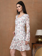 Women's Floral Mesh Mini Dress - Long Sleeve V-Neck Slim Fit