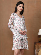 Women's Floral Mesh Mini Dress - Long Sleeve V-Neck Slim Fit