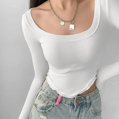 Istyle Can White Women’s U-Neck Long Sleeve Slim Fit Crop Top My Store