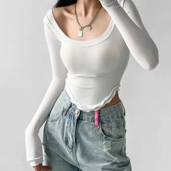 Istyle Can White Women’s U-Neck Long Sleeve Slim Fit Crop Top My Store