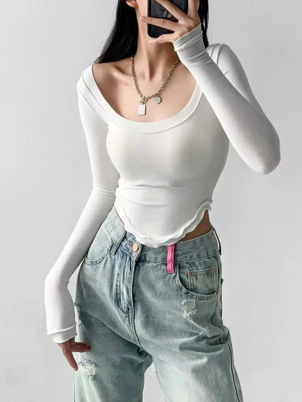 Istyle Can White Women’s U-Neck Long Sleeve Slim Fit Crop Top My Store