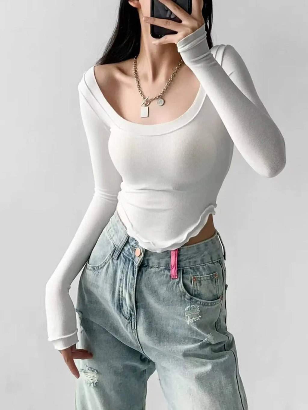 Istyle Can White Women’s U-Neck Long Sleeve Slim Fit Crop Top My Store
