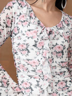 Women's Floral Mesh Mini Dress - Long Sleeve V-Neck Slim Fit