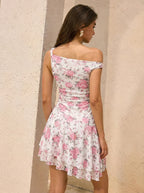 Women's One-Shoulder Floral Mesh Mini Bodycon Dress