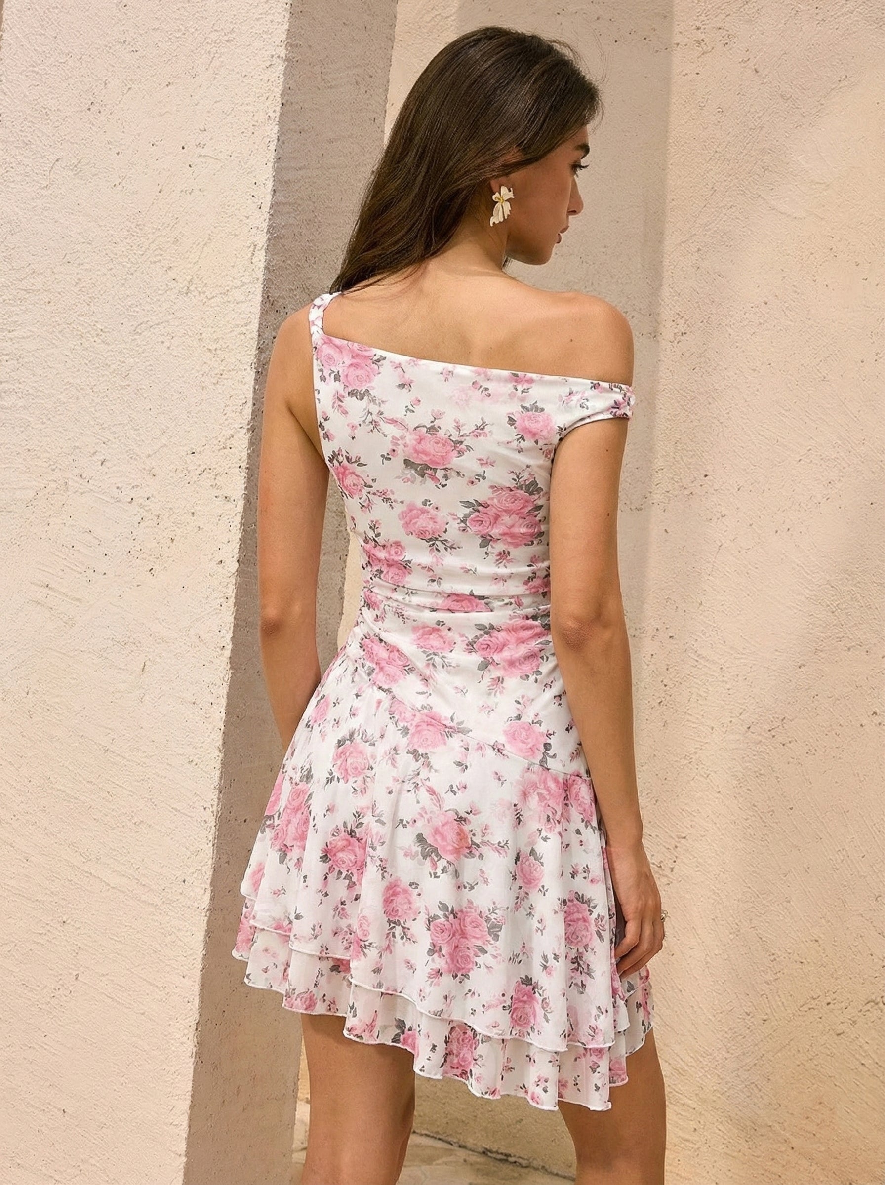 Women's One-Shoulder Floral Mesh Mini Bodycon Dress