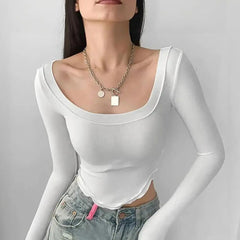 Istyle Can White Women’s U-Neck Long Sleeve Slim Fit Crop Top My Store