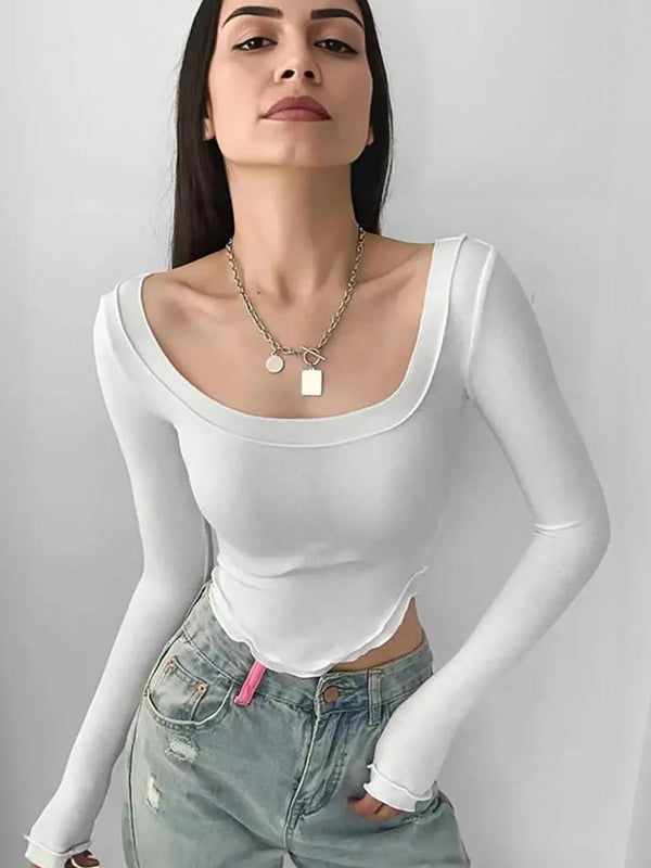 Istyle Can White Women’s U-Neck Long Sleeve Slim Fit Crop Top My Store