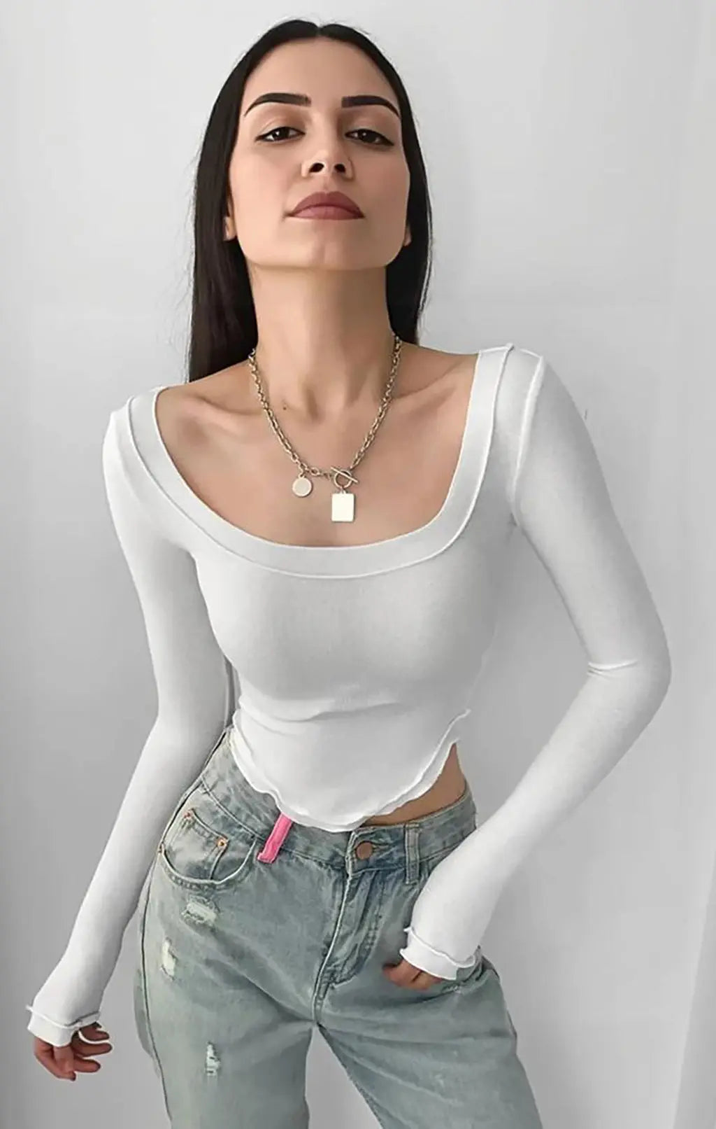 Istyle Can White Women’s U-Neck Long Sleeve Slim Fit Crop Top My Store
