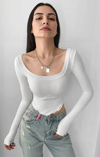 Istyle Can White Women’s U-Neck Long Sleeve Slim Fit Crop Top My Store