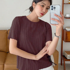 Women Korean Short Sleeve Round Neck Regular Wine Color T Shirt