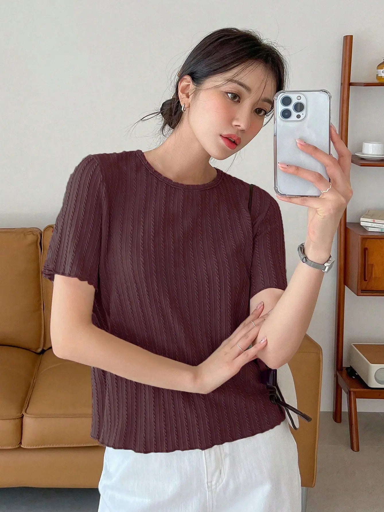 Women Korean Short Sleeve Round Neck Regular Wine Color T Shirt Main image