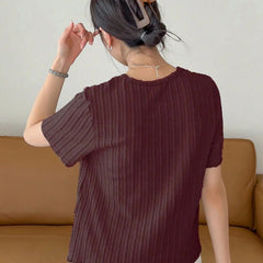 Women Korean Short Sleeve Round Neck Regular Wine Color T Shirt