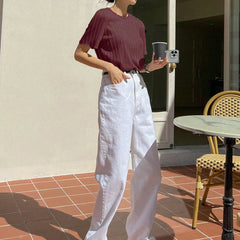 Women Korean Short Sleeve Round Neck Regular Wine Color T Shirt