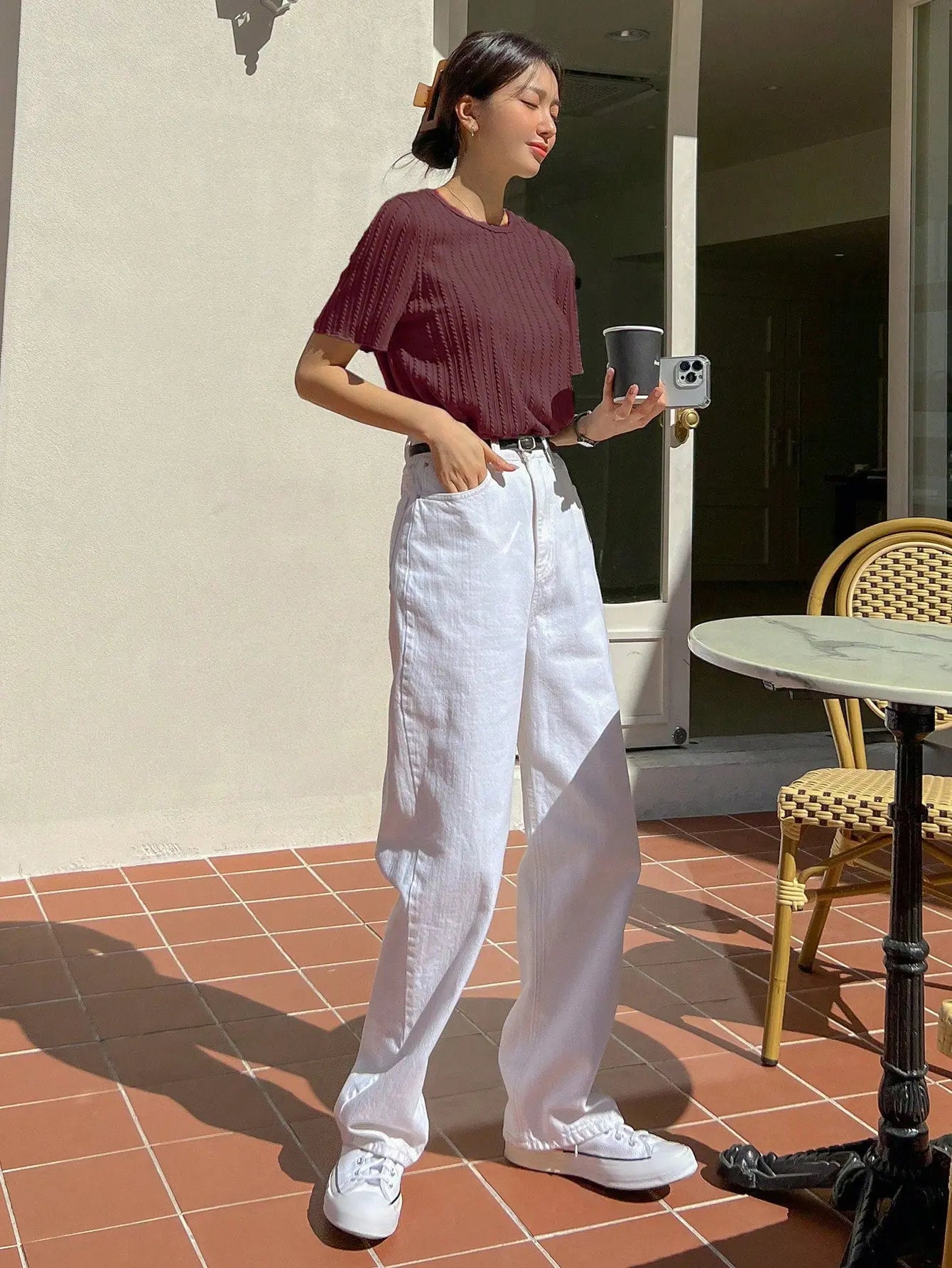 Women Korean Short Sleeve Round Neck Regular Wine Color T Shirt