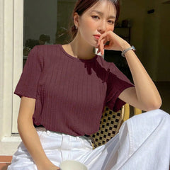 Women Korean Short Sleeve Round Neck Regular Wine Color T Shirt