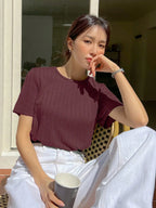 Women Korean Short Sleeve Round Neck Regular Wine Color T Shirt