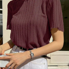 Women Korean Short Sleeve Round Neck Regular Wine Color T Shirt