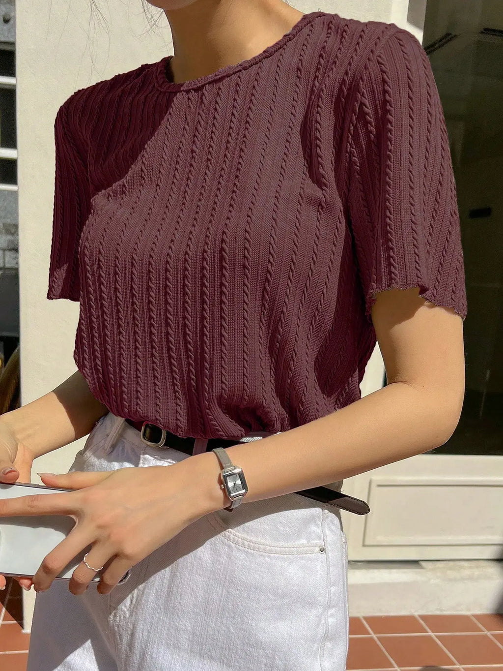 Women Korean Short Sleeve Round Neck Regular Wine Color T Shirt