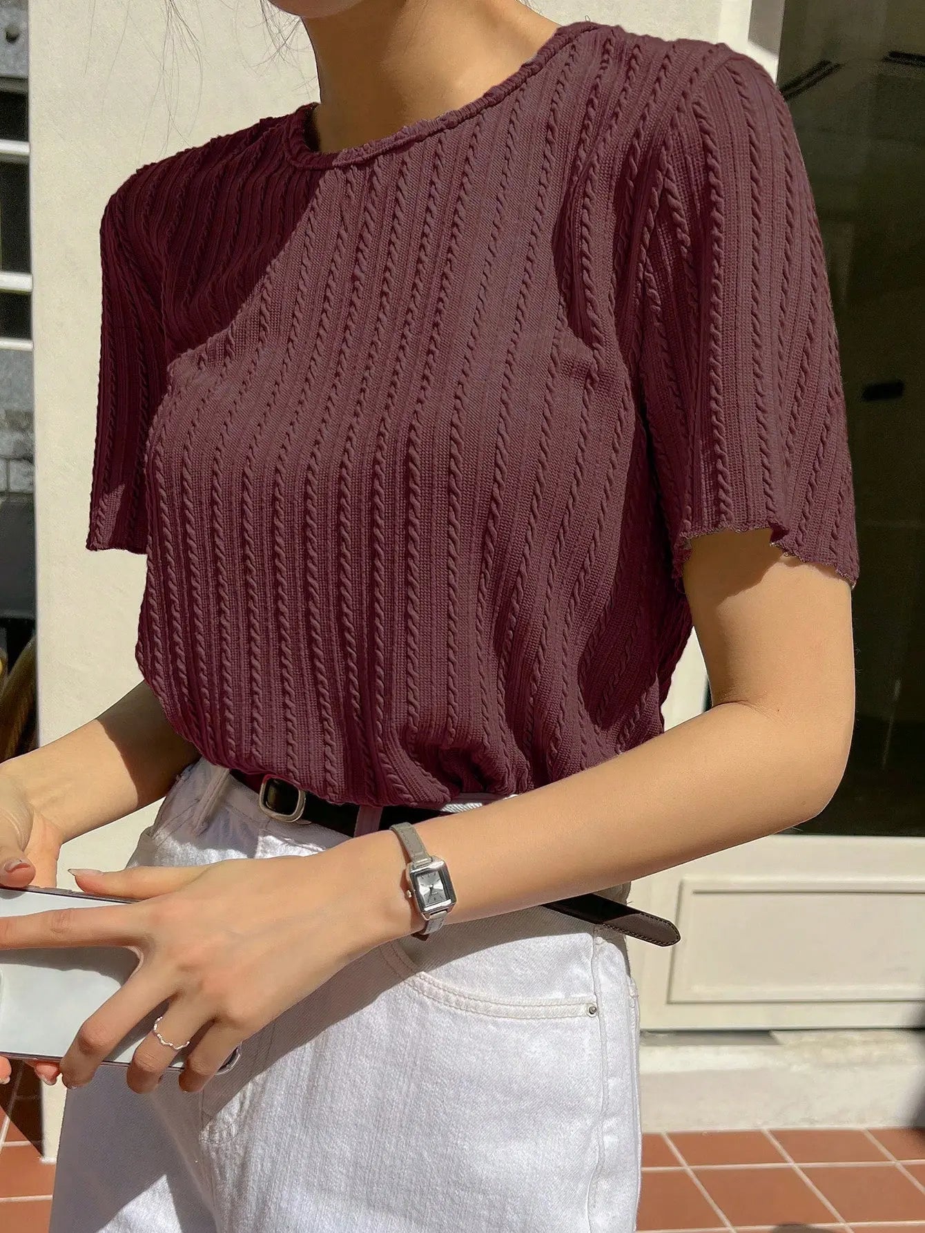 Women Korean Short Sleeve Round Neck Regular Wine Color T Shirt