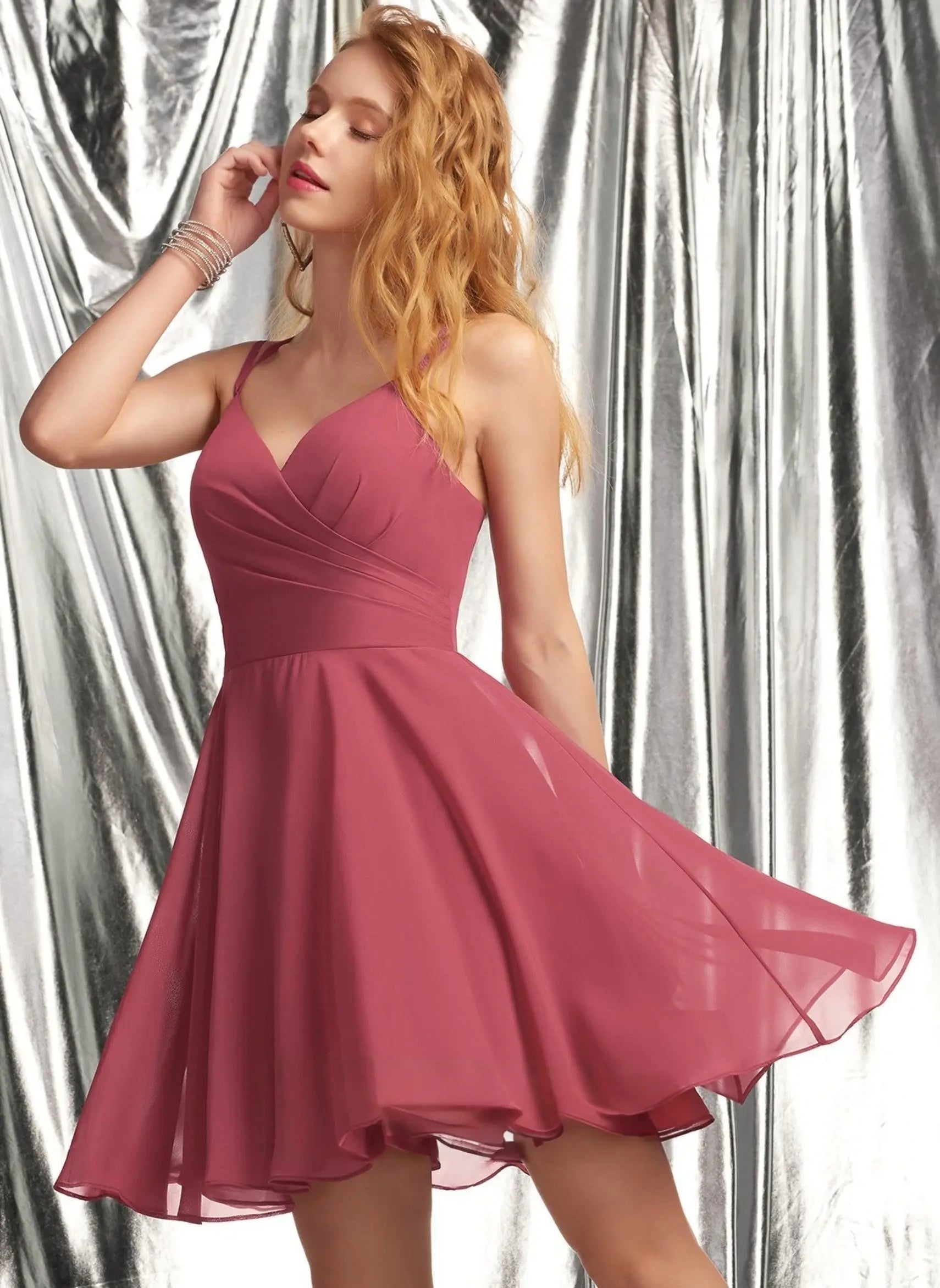 Istyle Can Solid Wine A-Line V-Neck Chiffon Homecoming & Prom Party Dress Secondary image