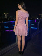 Aura Luxe Women's Glitter Lurex One-Shoulder Mini Dress - Solid Shimmering