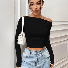 Istyle Can Solid Black Color Asymmetric Collar Pleated Cropped Top My Store