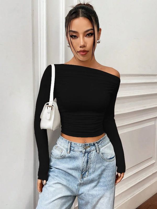Istyle Can Solid Black Color Asymmetric Collar Pleated Cropped Top My Store