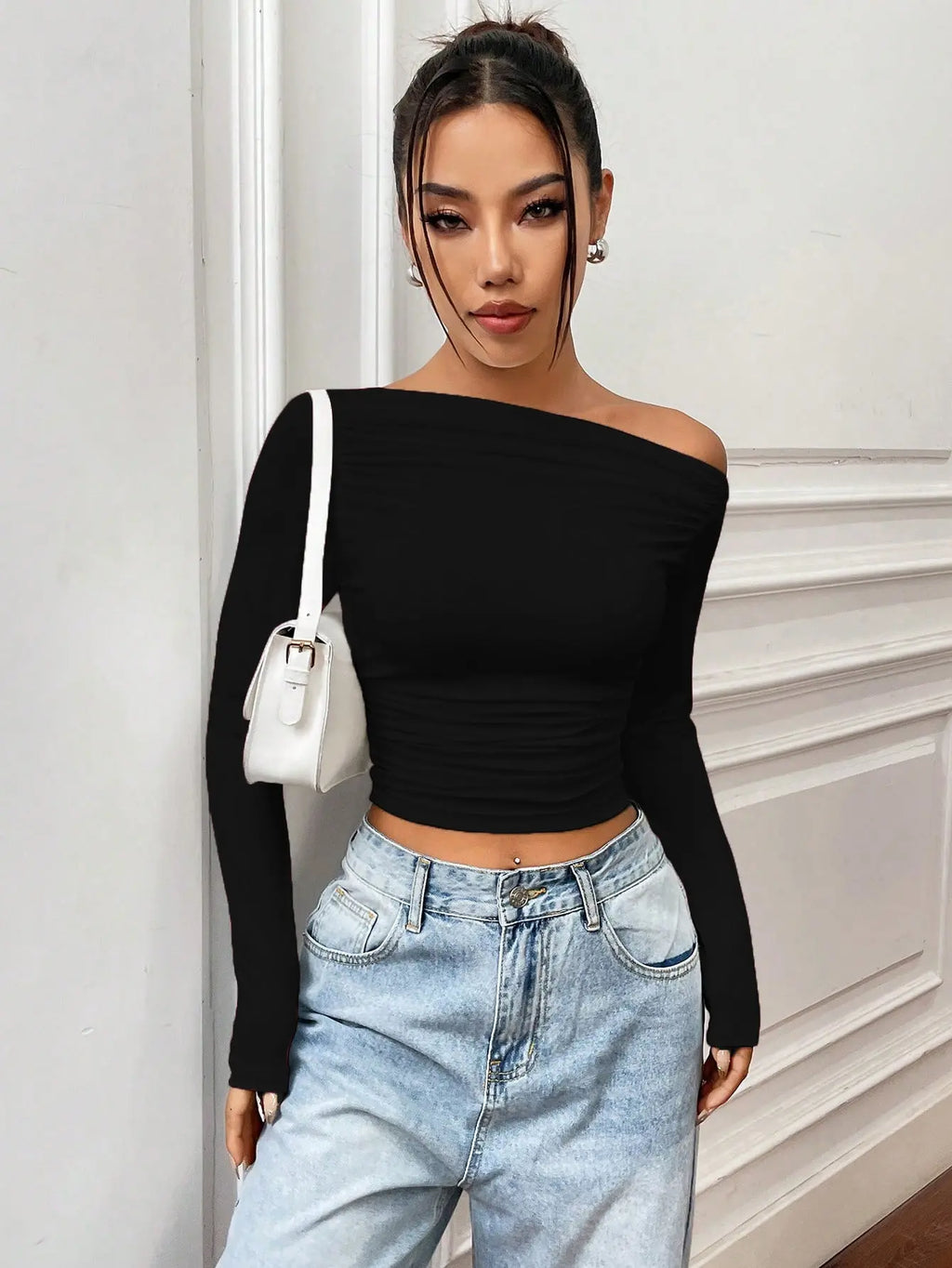 Istyle Can Solid Black Color Asymmetric Collar Pleated Cropped Top My Store