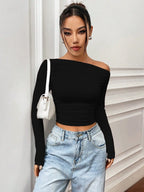 Istyle Can Solid Black Color Asymmetric Collar Pleated Cropped Top My Store