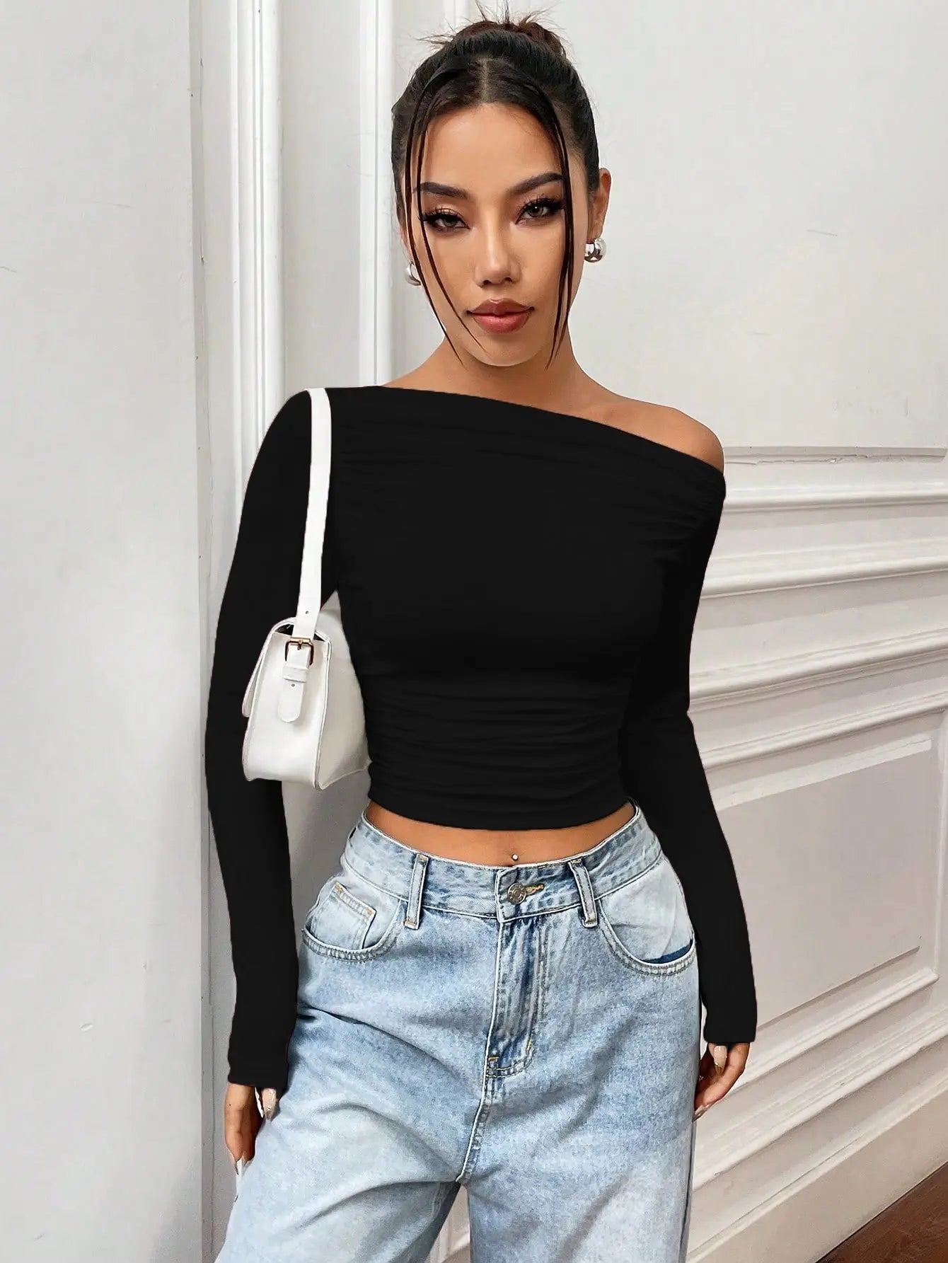 Istyle Can Solid Black Color Asymmetric Collar Pleated Cropped Top My Store