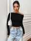 Istyle Can Solid Black Color Asymmetric Collar Pleated Cropped Top My Store