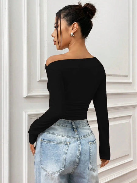 Istyle Can Solid Black Color Asymmetric Collar Pleated Cropped Top My Store
