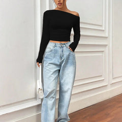 Istyle Can Solid Black Color Asymmetric Collar Pleated Cropped Top My Store
