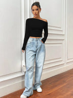 Istyle Can Solid Black Color Asymmetric Collar Pleated Cropped Top My Store