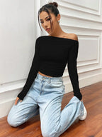 Istyle Can Solid Black Color Asymmetric Collar Pleated Cropped Top My Store