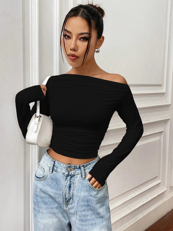 Istyle Can Solid Black Color Asymmetric Collar Pleated Cropped Top My Store