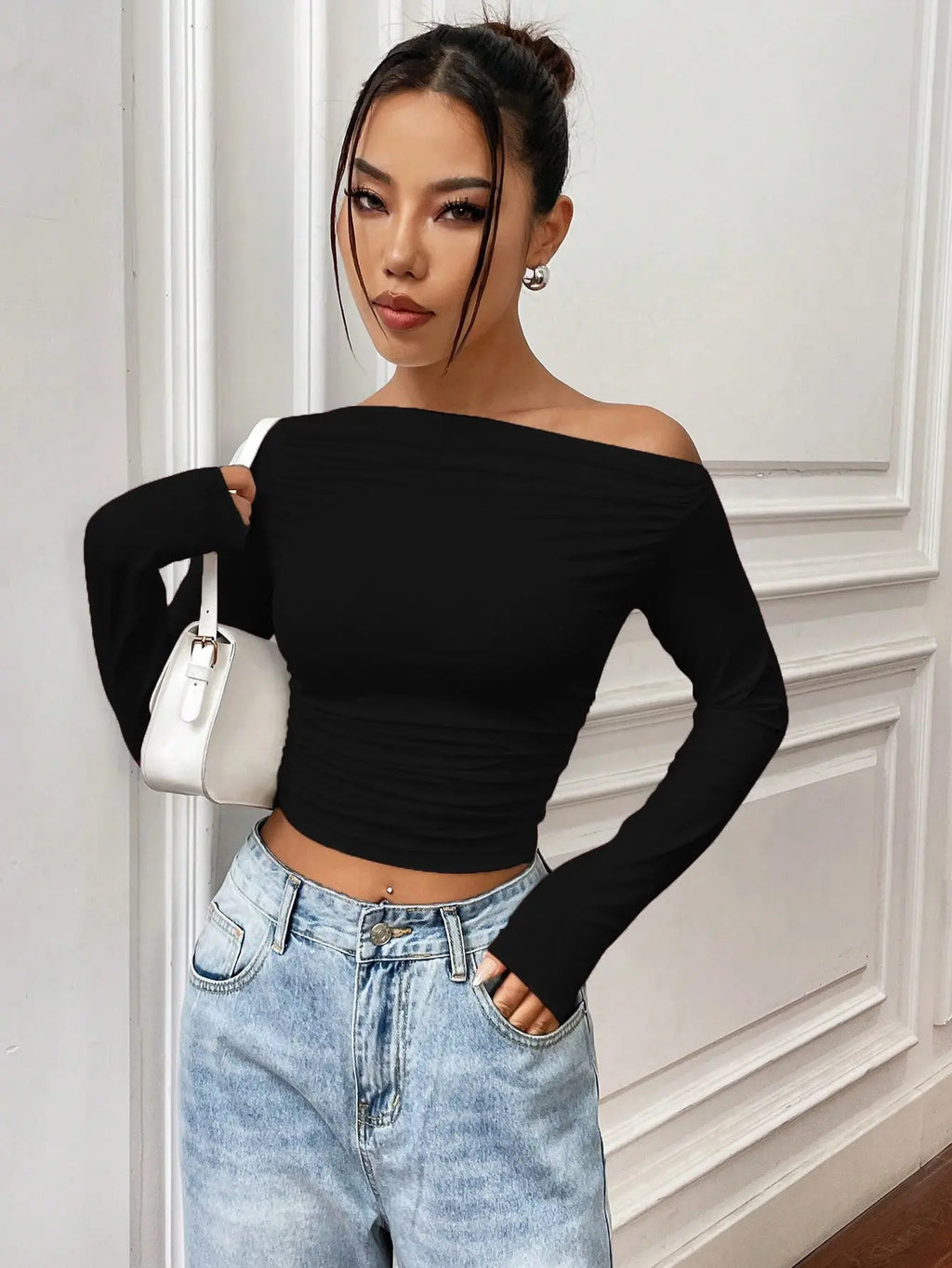 Istyle Can Solid Black Color Asymmetric Collar Pleated Cropped Top My Store