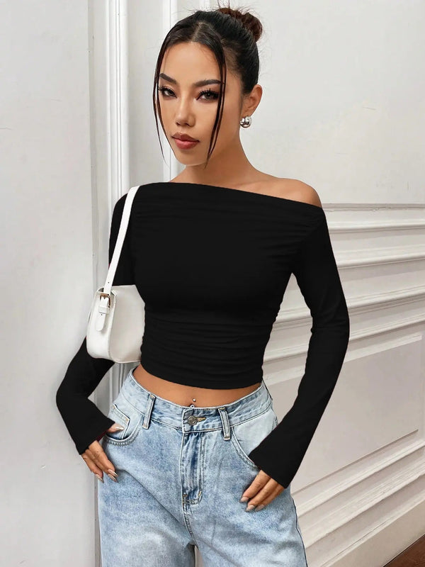 Istyle Can Solid Black Color Asymmetric Collar Pleated Cropped Top My Store