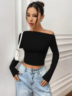 Istyle Can Solid Black Color Asymmetric Collar Pleated Cropped Top My Store
