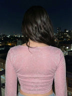 Shimmering Solid Pink Lurex Mesh Crop Top with Square Neck & Bell Sleeves