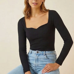 Istyle can Women's Solid Ribbed Knit Sweetheart Neck Long Sleeve Top - Black