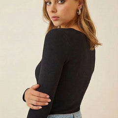 Istyle can Women's Solid Ribbed Knit Sweetheart Neck Long Sleeve Top - Black