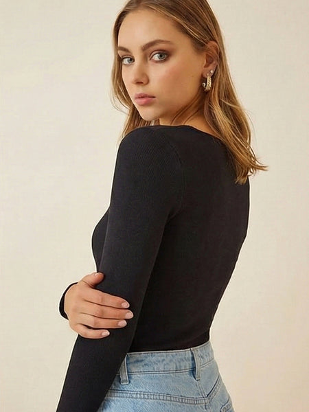 Istyle can Women's Solid Ribbed Knit Sweetheart Neck Long Sleeve Top - Black