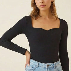 Istyle can Women's Solid Ribbed Knit Sweetheart Neck Long Sleeve Top - Black