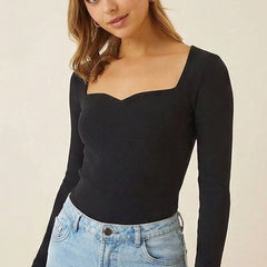 Istyle can Women's Solid Ribbed Knit Sweetheart Neck Long Sleeve Top - Black