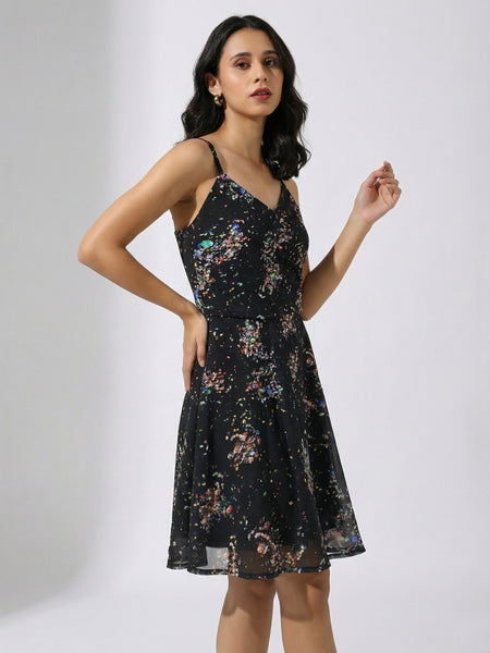 Black V Neck Printed Georgette Sleeveless Fit and Flare Dress