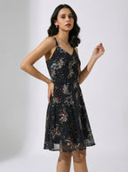 Black V Neck Printed Georgette Sleeveless Fit and Flare Dress